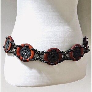 VTG Wooden Medallion Metal Leather Chain Hip Belt Boho Hippie Tribal 34”